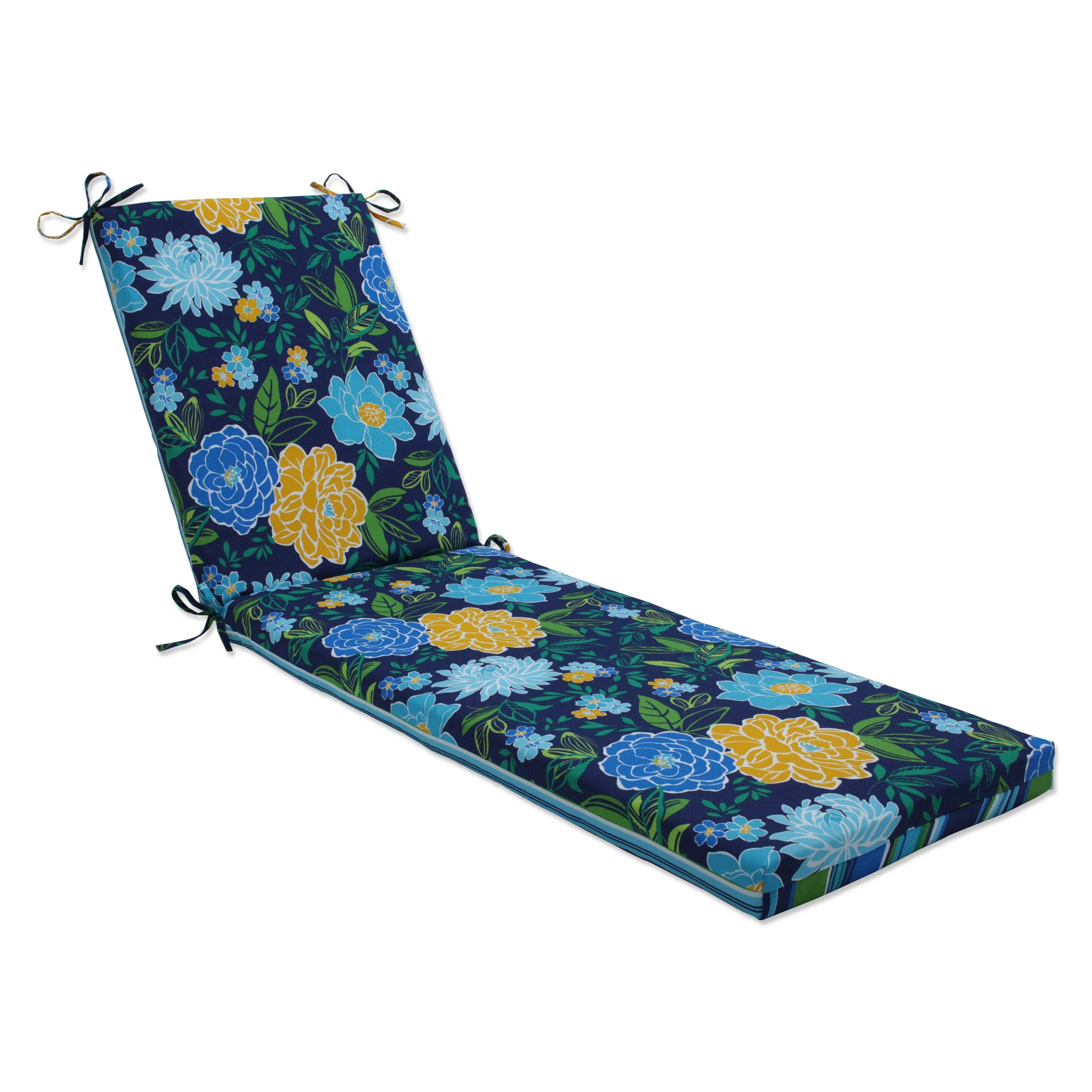 Pillow Perfect Reversible Floral Stripe Indoor/Outdoor Solid Back Chaise Lounge Cushion with Ties, Plush Fiber Fill, Weather, and Fade Resistant, 80" x 23", Blue/Yellow Spring Bling, 1 Count