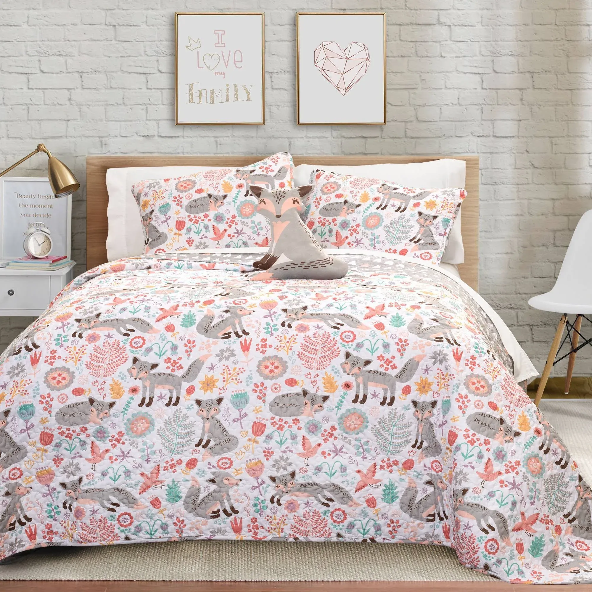 Lush Decor Pixie Fox Quilt Set, Gray, Full/Queen