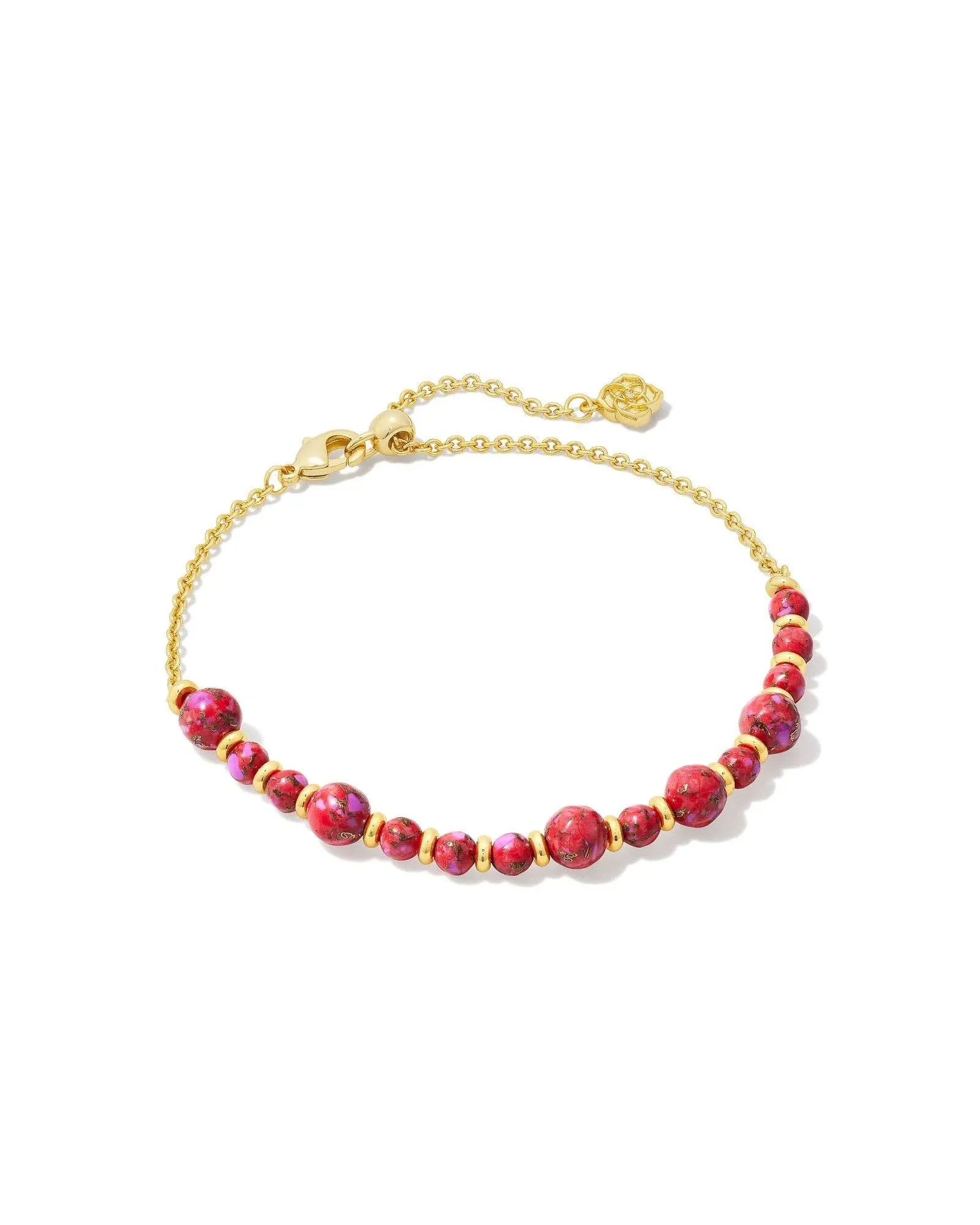 Jovie Gold Beaded Delicate Chain Bracelet in Bronze Veined Red and Fuchsia Magnesite