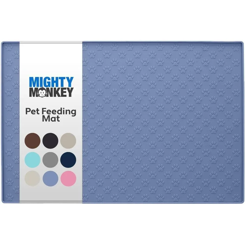 MIGHTY MONKEY 100% Waterproof Dog Food Mat, Raised Edges Silicone Pet Feeding Placemat for Cat, Dogs, Pet Bowls, High Lipped Tray Prevents Water Spills, Food on Floor, Dishwasher Safe, 22x14, Lt Blue