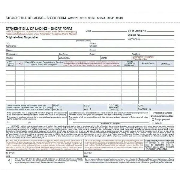 Adams Bill of Lading Short Form, 8-1/2 x 7-7/16 Inches, White, 3-Part, 250-Count