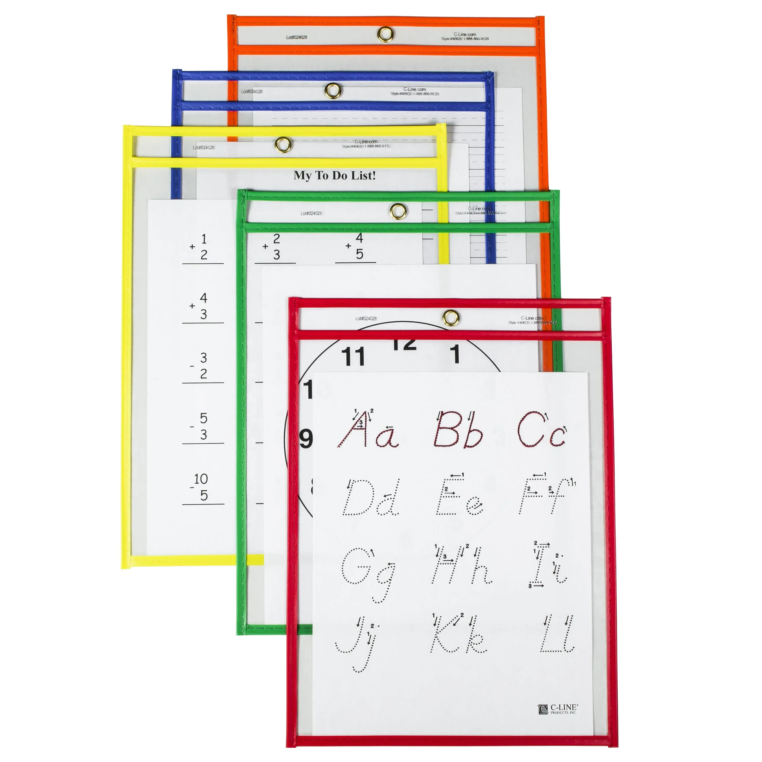 C Line® Reusable Dry-Erase Pockets, 9" x 12", Assorted Primary Colors, Pack Of 25