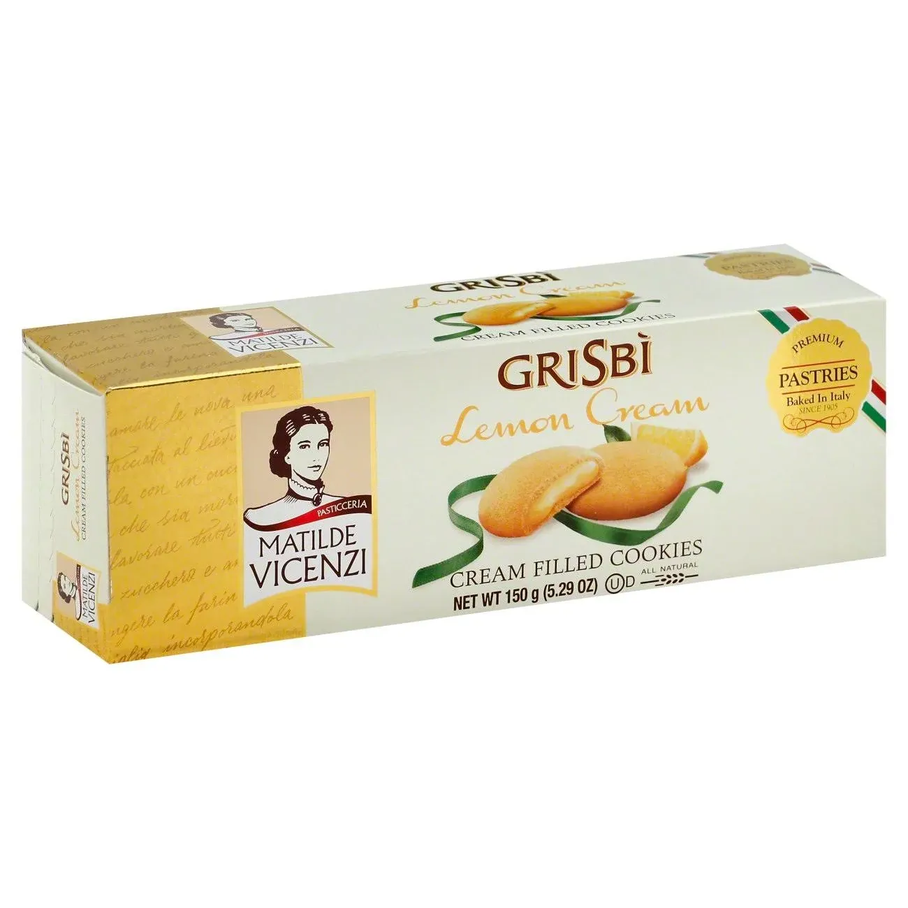 Grisbi Lemon Shortbread by Pasticceria Matilde Vicenzi, Sweet Lemon Cream Filled Patisserie Pastry Cookie, All-Natural, Kosher Dairy, Made in Italy, 4.76oz (135g) Box, 4-Pack