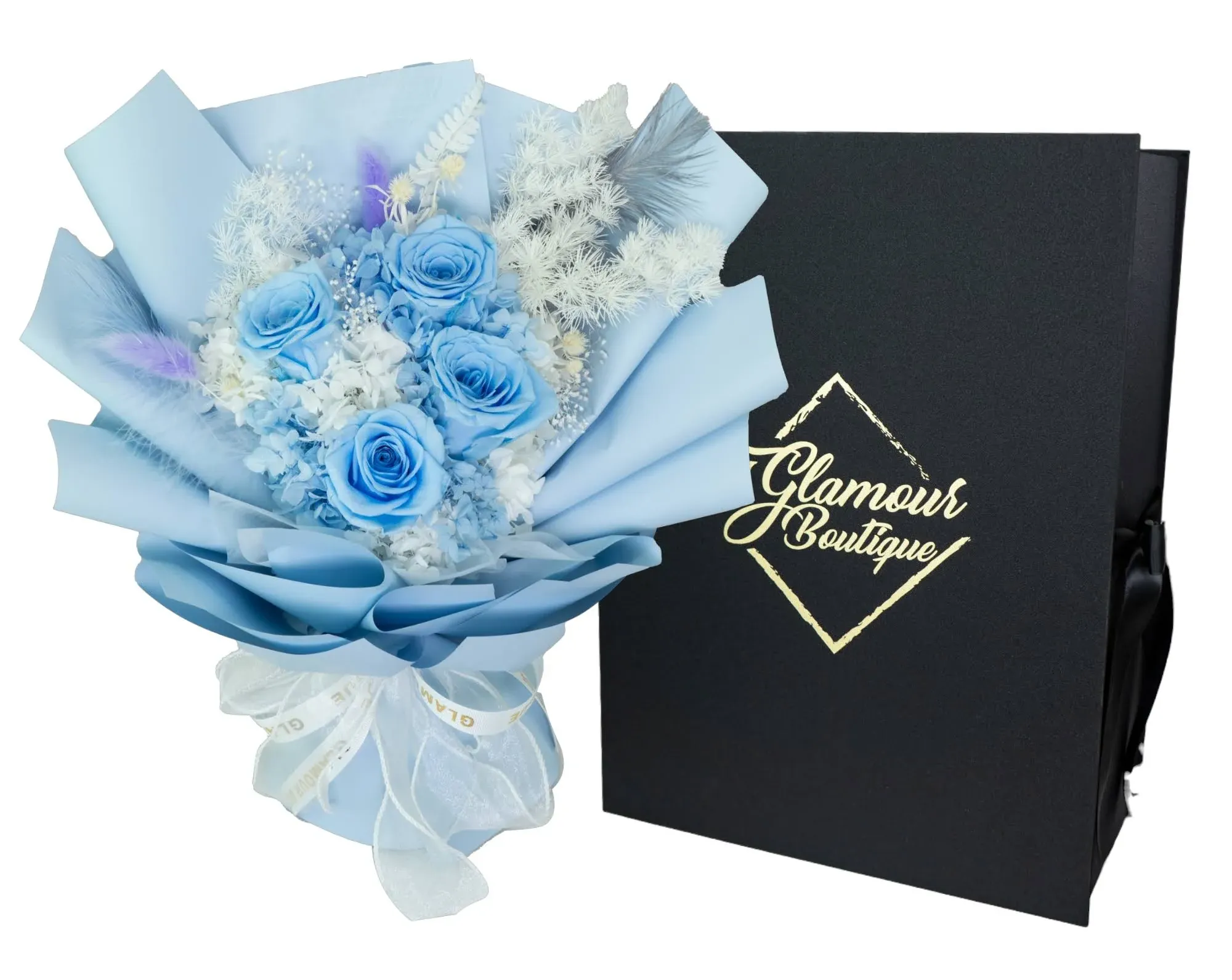 GLAMOUR BOUTIQUE Preserved Flowers Bouquet - Long-Lasting 1-3 Years Forever Flowers Roses in a Box with Hydrangeas, Gift Ready for Anniversary, Birthday, Valentine's Day, Mother's Day - Light Blue