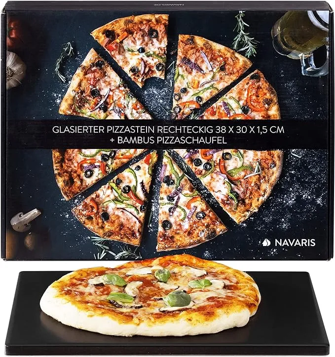 Navaris XL Pizza Stone for Baking - Glazed Square Cordierite Stone Plate for BBQ