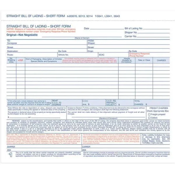 Adams Bill of Lading Short Form, 8-1/2 x 7-7/16 Inches, White, 3-Part, 250-Count