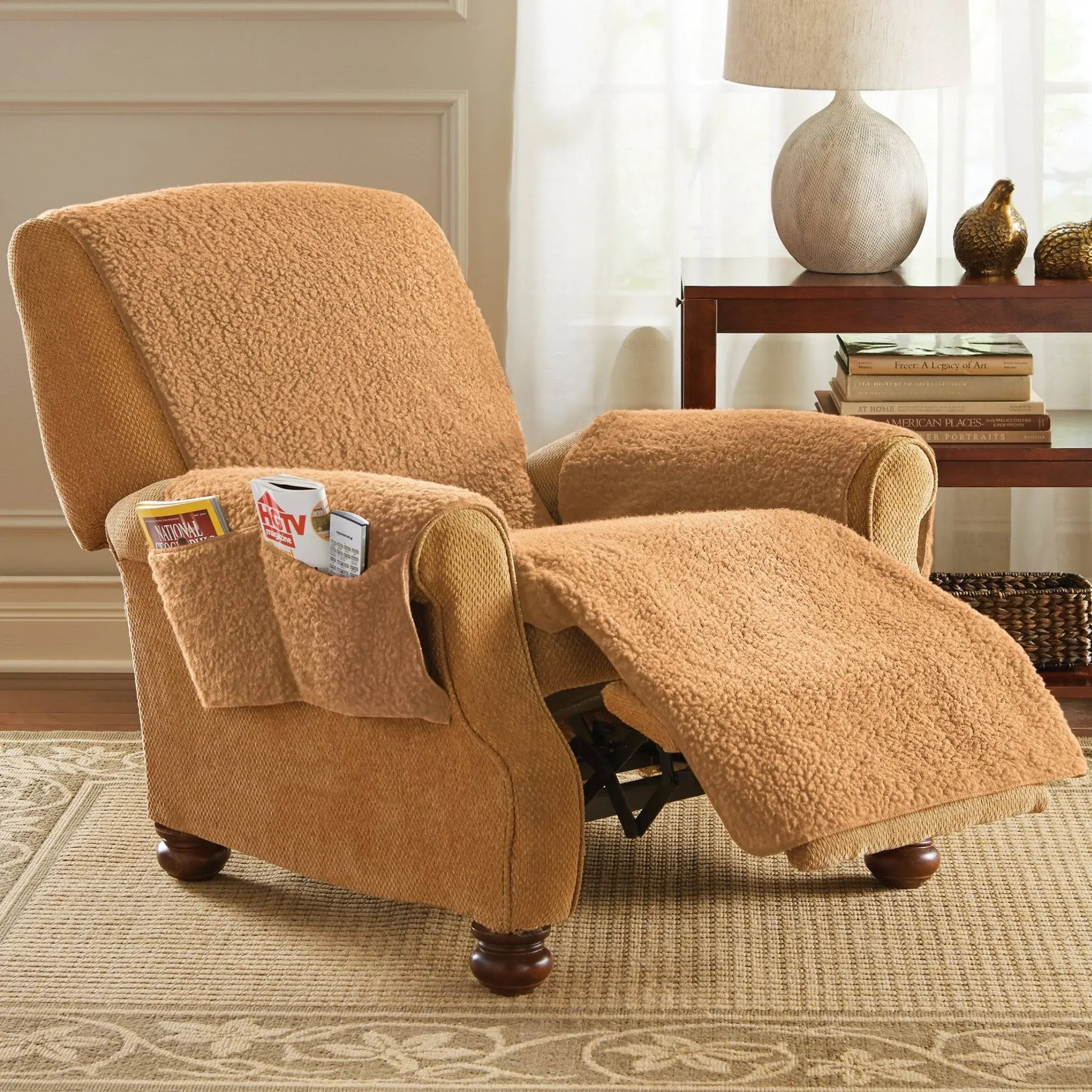 Fleece Recliner Furniture Protector Cover with Pockets, Tan