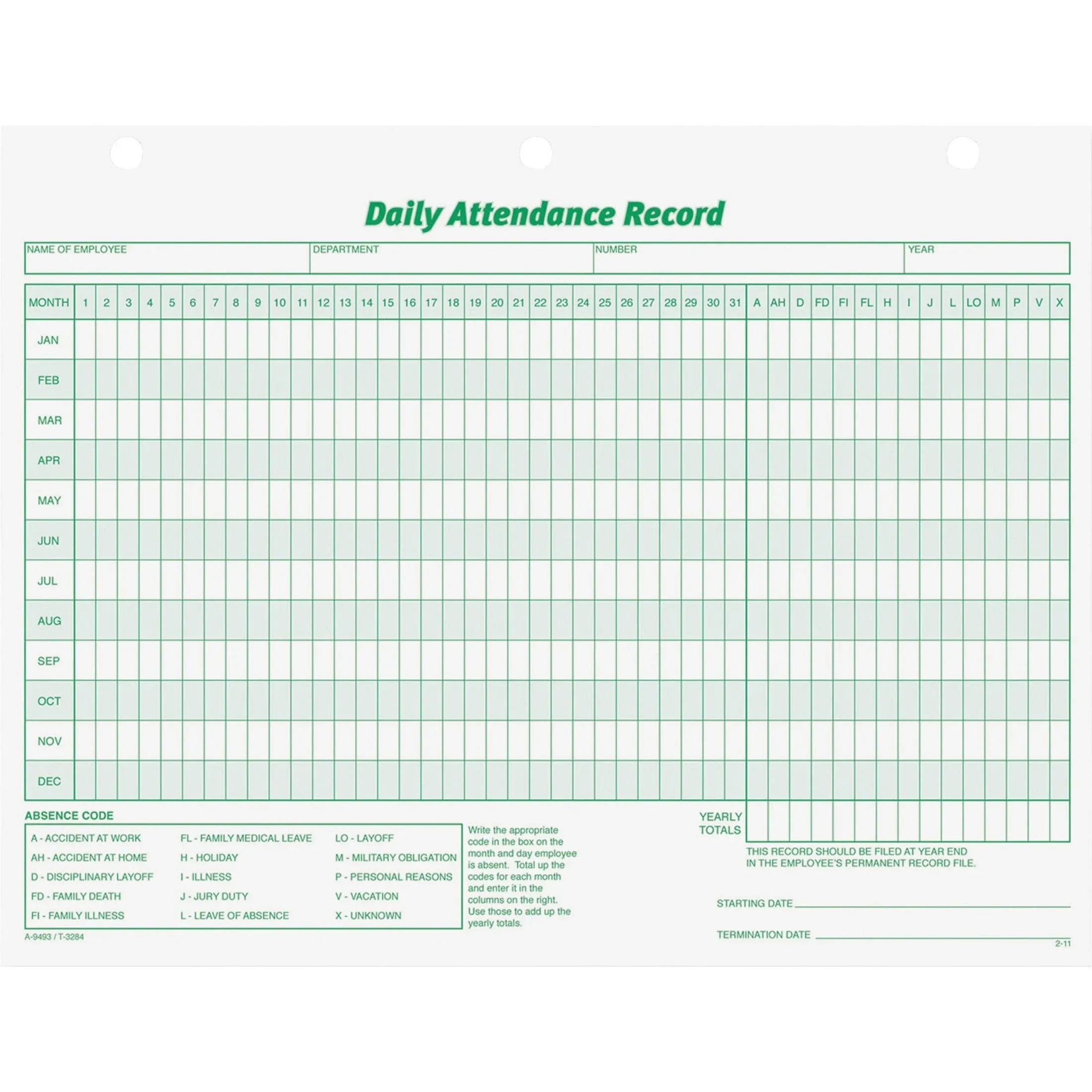 Tops Daily Attendance Card, 8-1/2" x 11" - 50 count