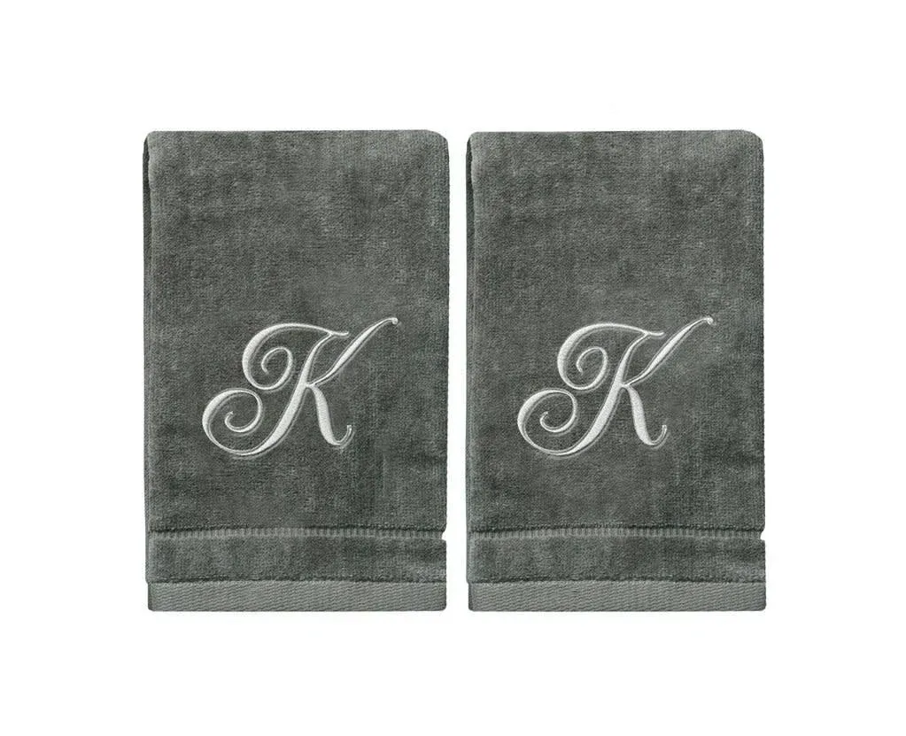 Monogrammed Hand Towel Personalized Gift 16 x 30 Inches - Set of 2 - Silver Embroidered Towel - Extra Absorbent 100% Turkish Cotton- Soft Terry Finish - for Bathroom Kitchen and Spa- Script G Gray