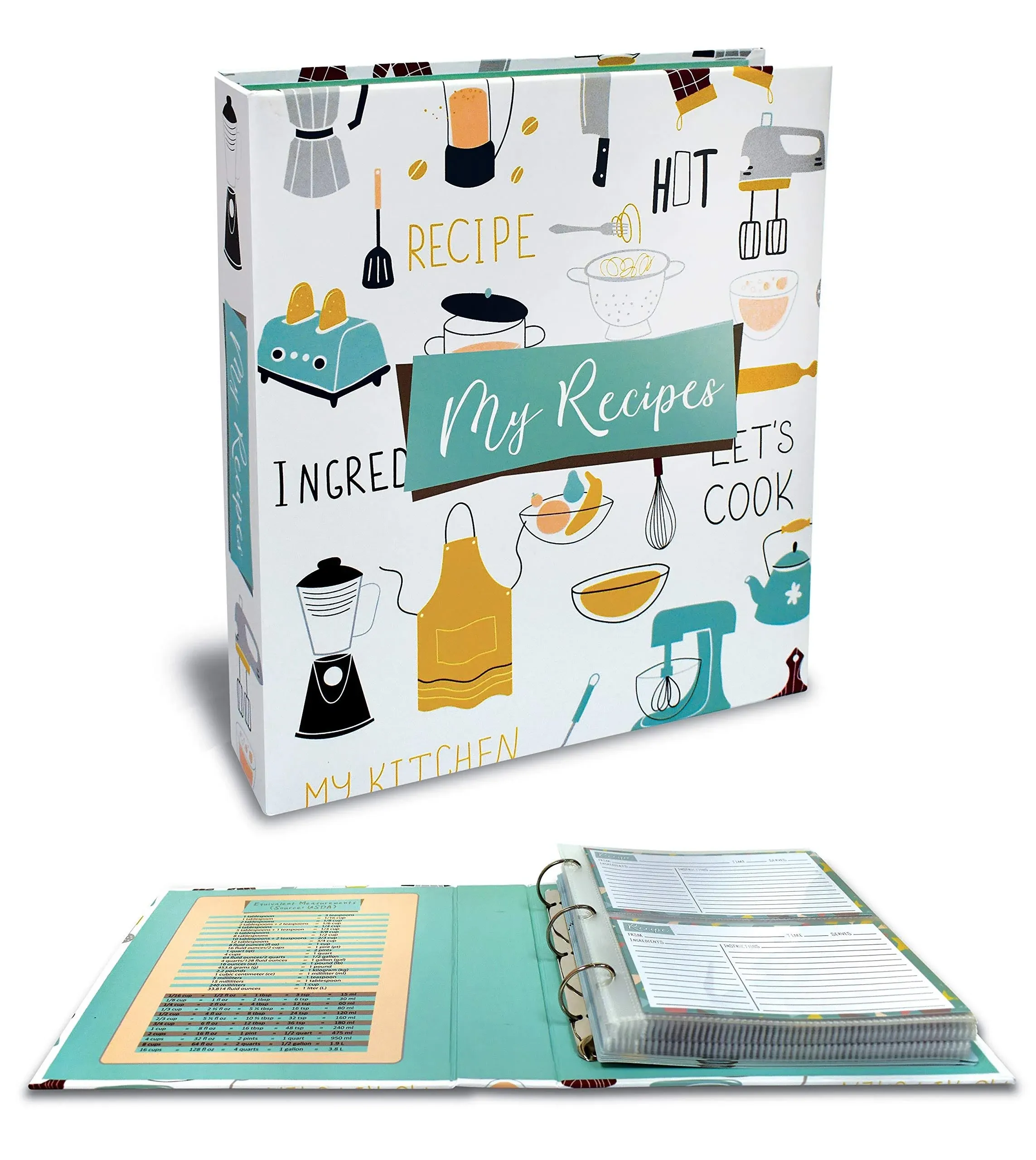 Better Kitchen Products Recipe Binder, 8.5" x 9.5" 3 Ring Binder Organizer Set (with 50 Page Protectors, 100 4" x 6" Recipe Cards & 12 Category Divider Tabs) Black & Gold Montage Design