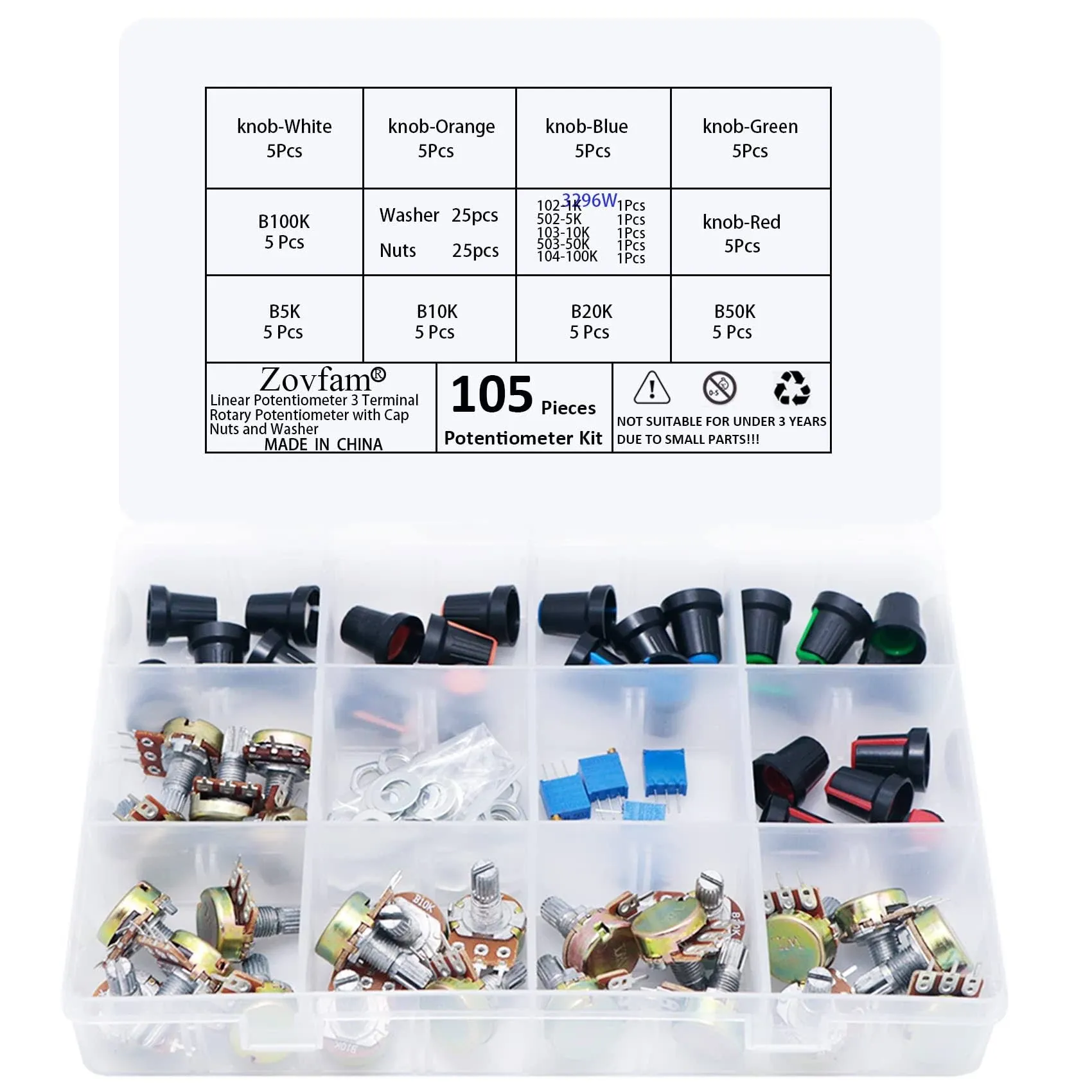 Potentiometer Kit B5K 10K 20K 50K 100K Ohm Linear Taper Rotary Audio B Type Potentiometer with 1K 5K 10K 50K 100K Ohm 3296W Multiturn Trimmer Potentiometer and Nuts, Washers, Knobs 105PCS