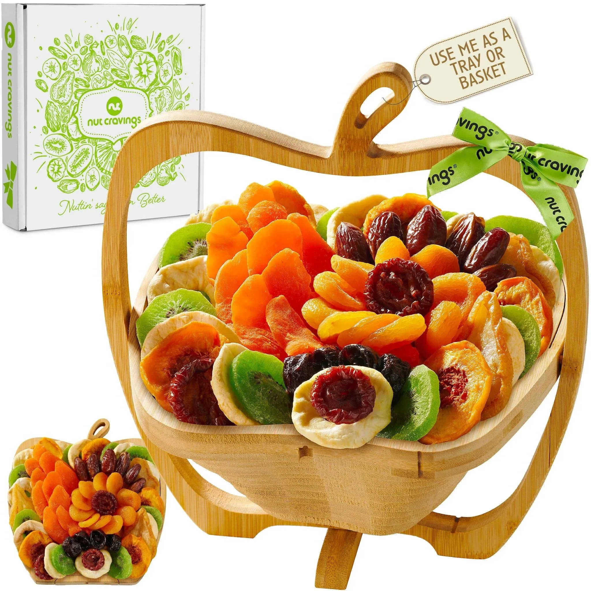 Nut Cravings Gourmet Collection - Easter Dried Fruit Wooden Apple-shaped Gift Basket + Tray (9 Assortment) Flower Arrangement Platter with Green