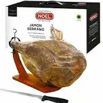 Serrano Cured Ham Bone in Shoulder | Spanish Jamon Serrano | Cured Aged 12 months + | Mediterranean Salt only | NO Nitrates, Preservative free |16-18 pounds | Wood Stand + Knife | Packaged in Gift Box