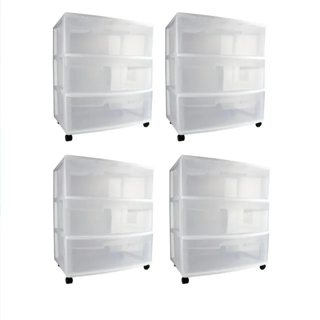 Sterilite Wide 3-Drawer Storage Cart, Organize Items in Bedroom, Kitchen, Bathroom, Craft & Dorm Room, White with Clear Drawers, 4-Pack