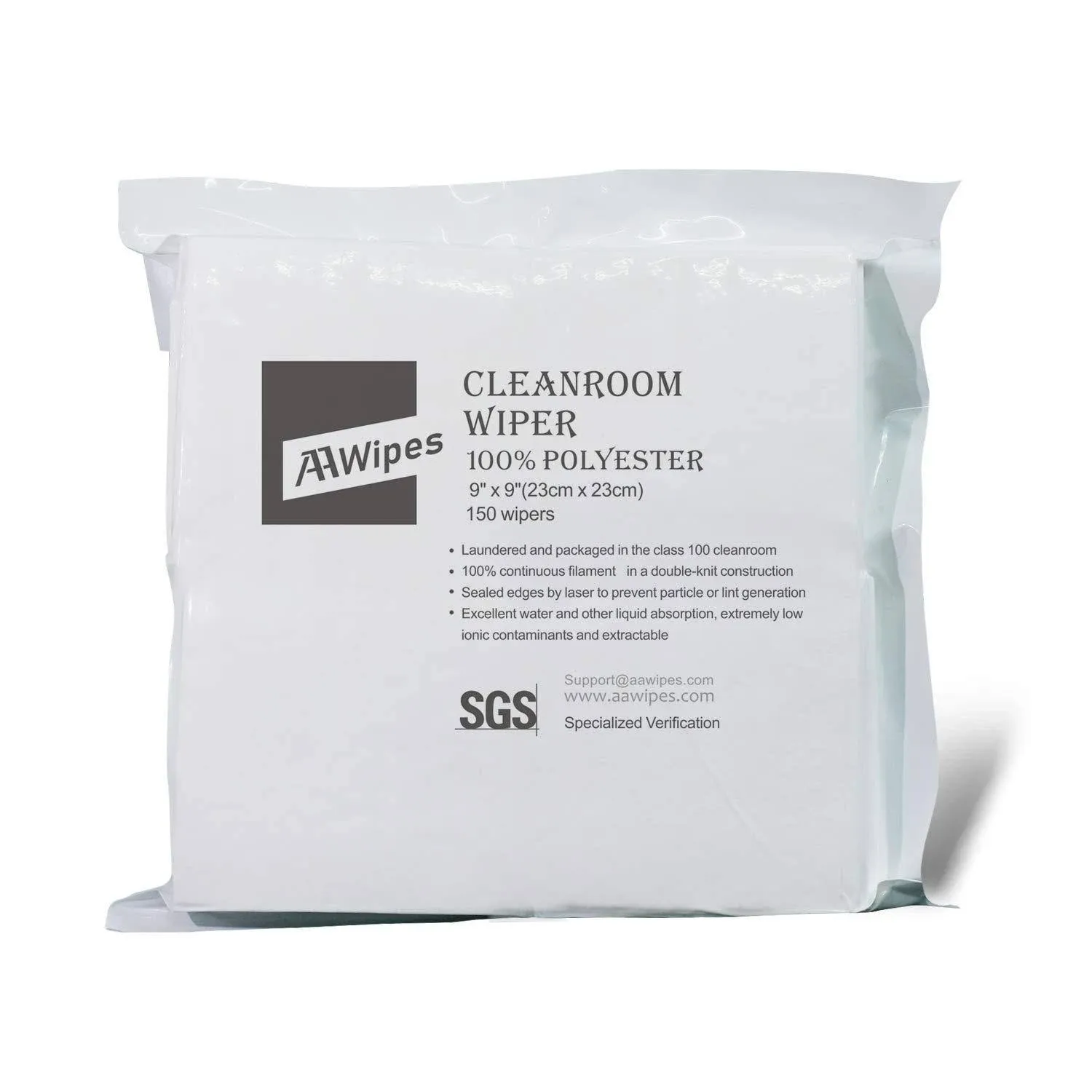 AAWipes Cleanroom Cloth Wipes 9"x9" (Bag of 150 Pcs) Double Knit 100% Polyester Wipers Lint Free Cloths with Ultra-fine Filaments, Laser Sealed Edge, Class 100 Cloths, Ultra-soft Wipes CP14009