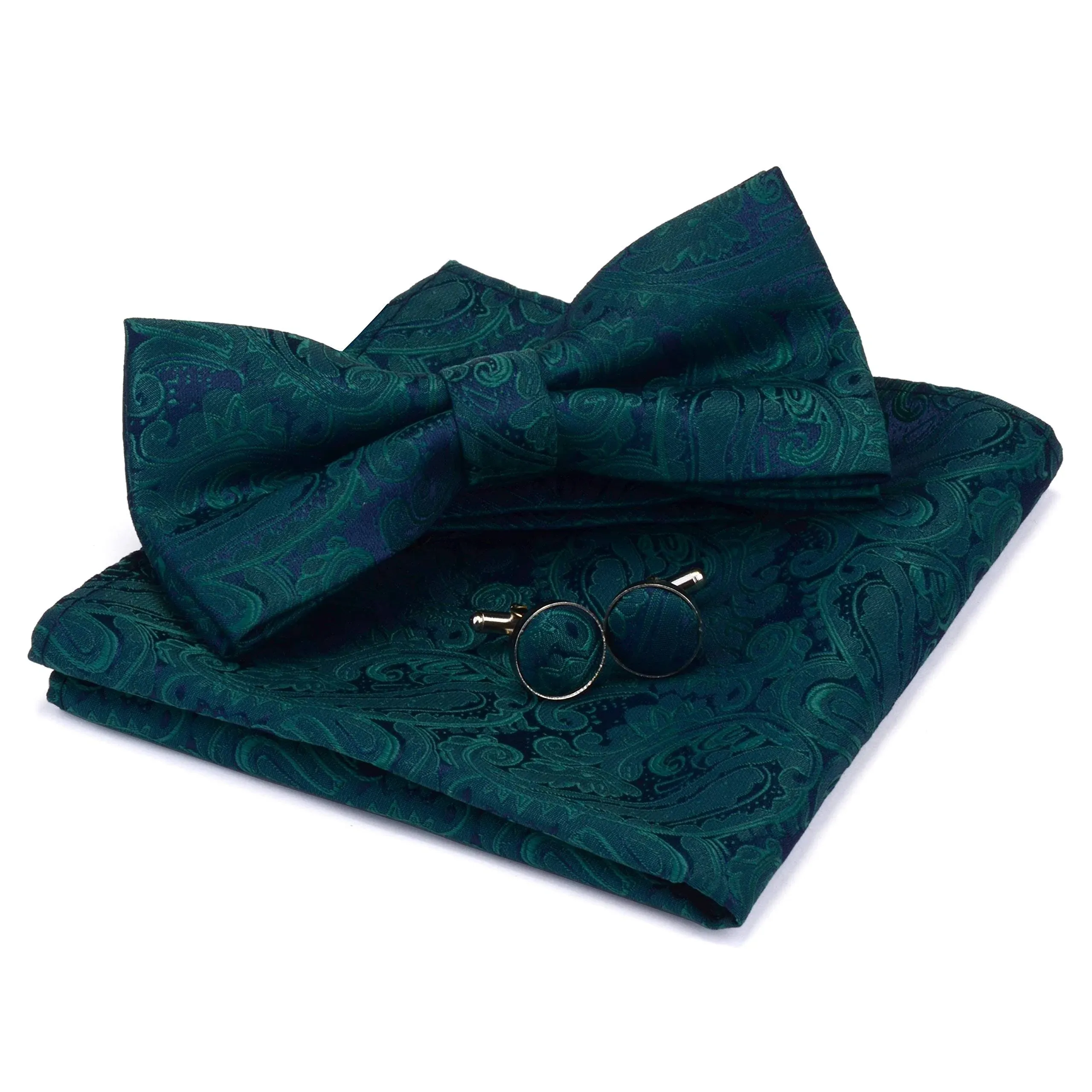 GUSLESON Paisley Adjustable Pre-Tied Bow Tie and Pocket Square Cufflink Set