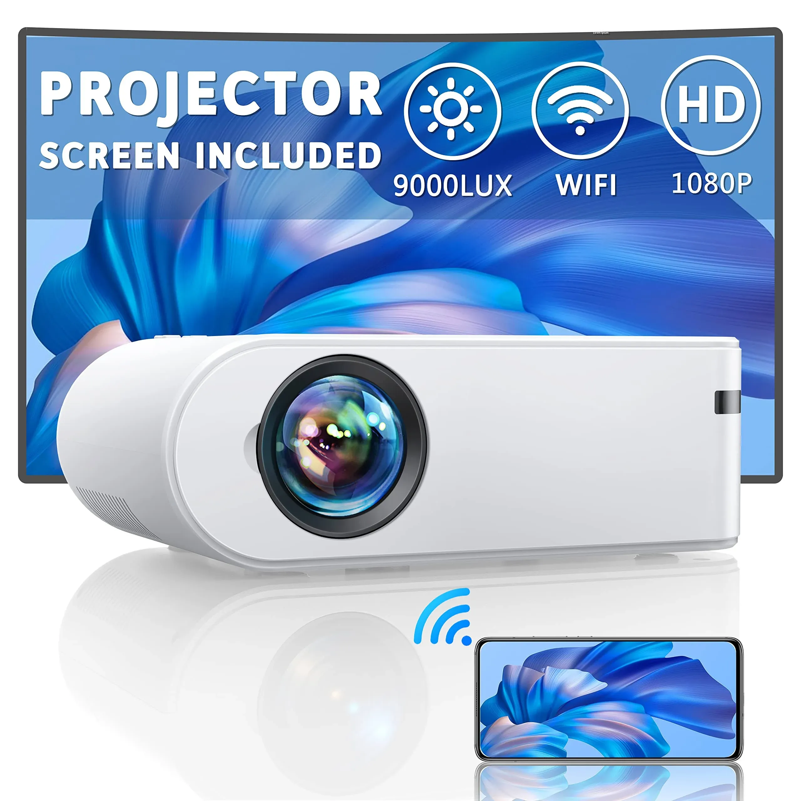 Yaber Mini Projector with Screen, 1080P Full HD 9000L Outdoor Movie Projector ...