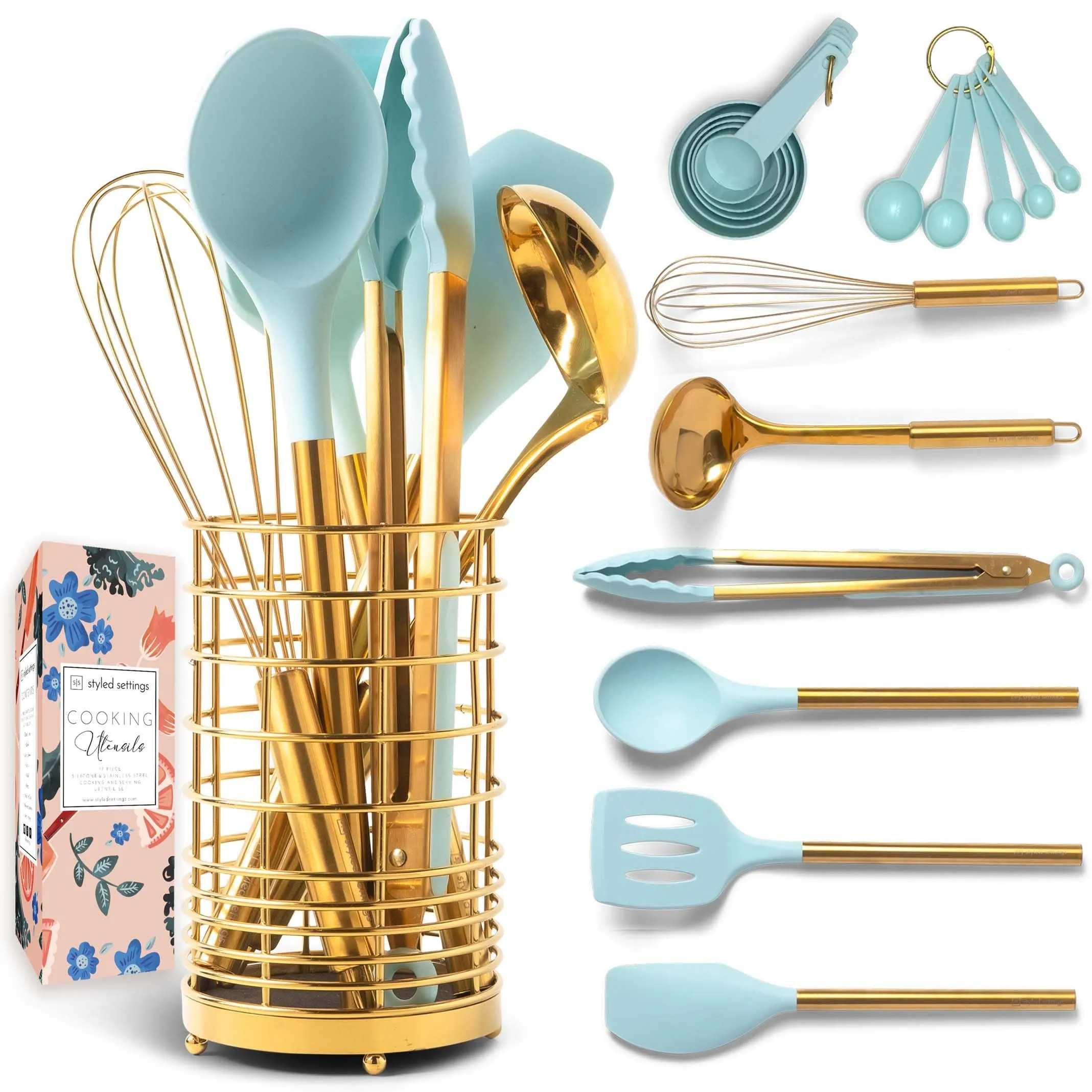 Styled Settings Teal Cooking Utensils Set with Holder - 17pc Teal & Gold Kitchen ...