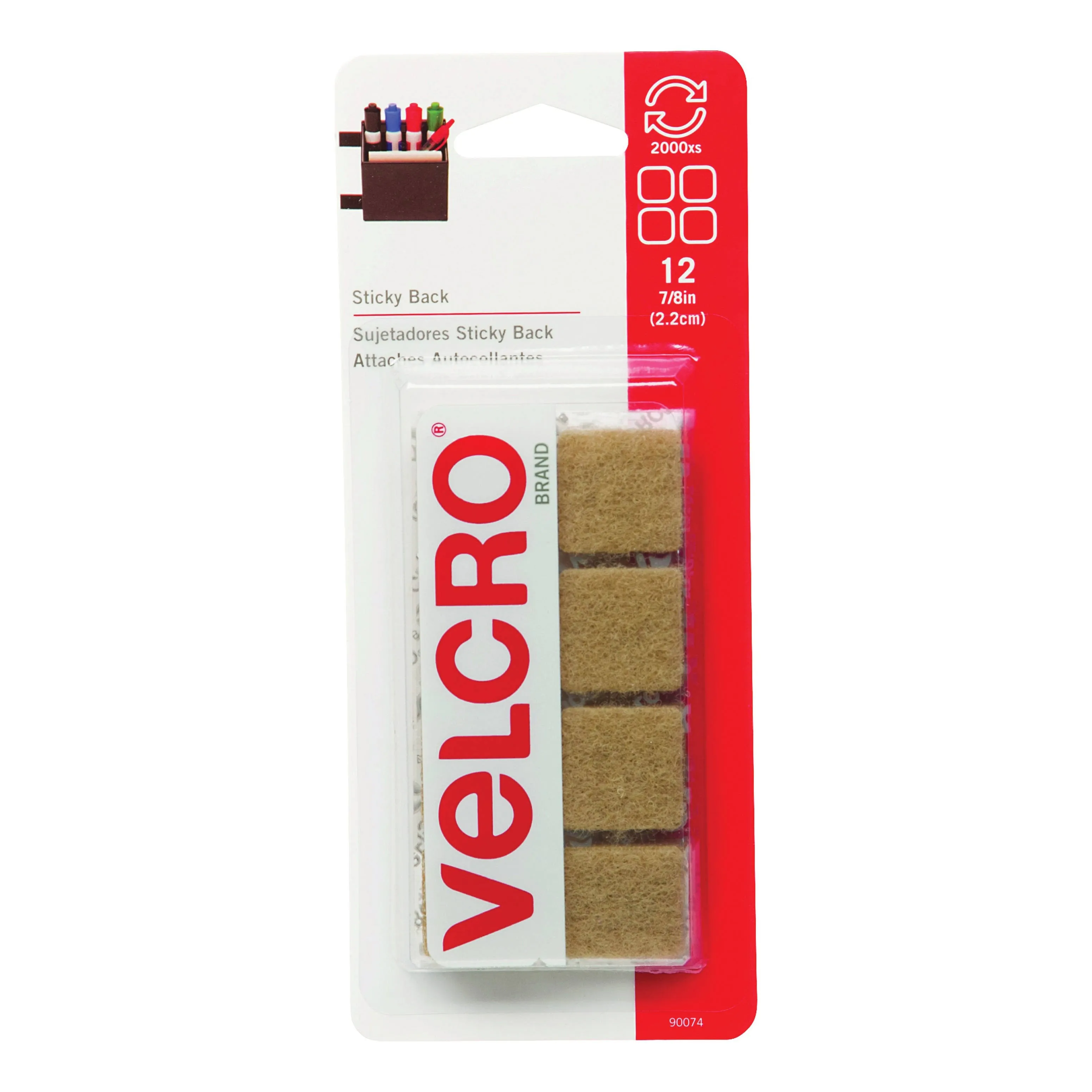 VELCRO Brand - Sticky Back Hook and Loop Fasteners | Perfect for Home or Office | 7/8in Squares | Pack of 12 | Beige