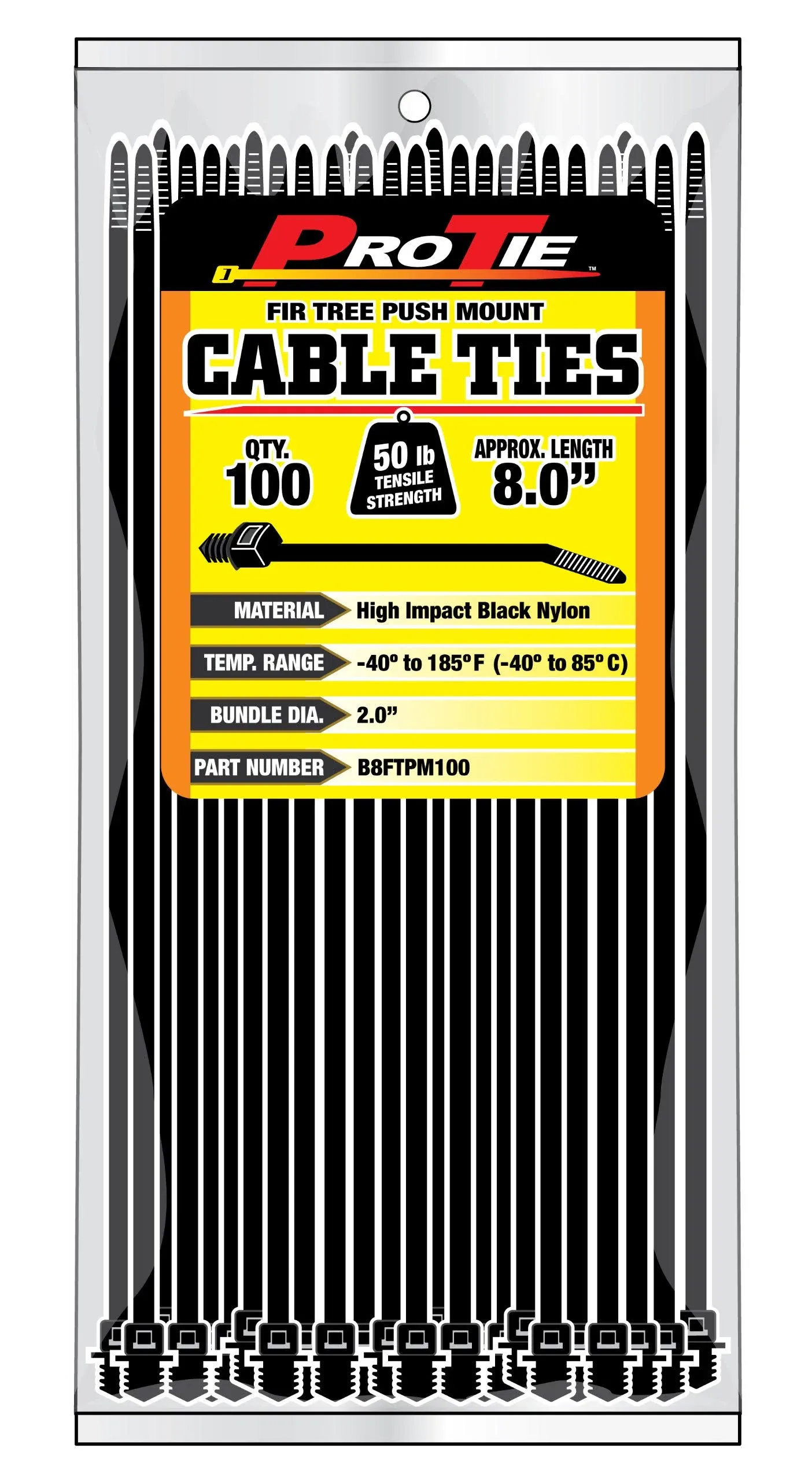 Pro Tie Fir Tree Push Mount Nylon Cable Ties for Indoor and Outdoor Use |8-Inch, 50 lbs. Tensile Strength, UV Black Nylon, 100-Pack (PN: B8FTPM100)