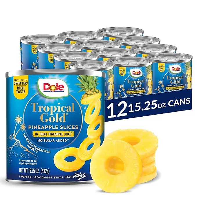 Dole Canned Fruit, Tropical Gold Pineapple Slices in 100% Pineapple Juice, Gluten Free, Pantry Staples, No Sugar Added, 15.25 Oz, 12 Count