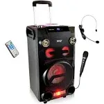 Pyle Outdoor Portable Wireless Bluetooth Karaoke PA Loud Speaker & Portable VHF Wireless Microphone System