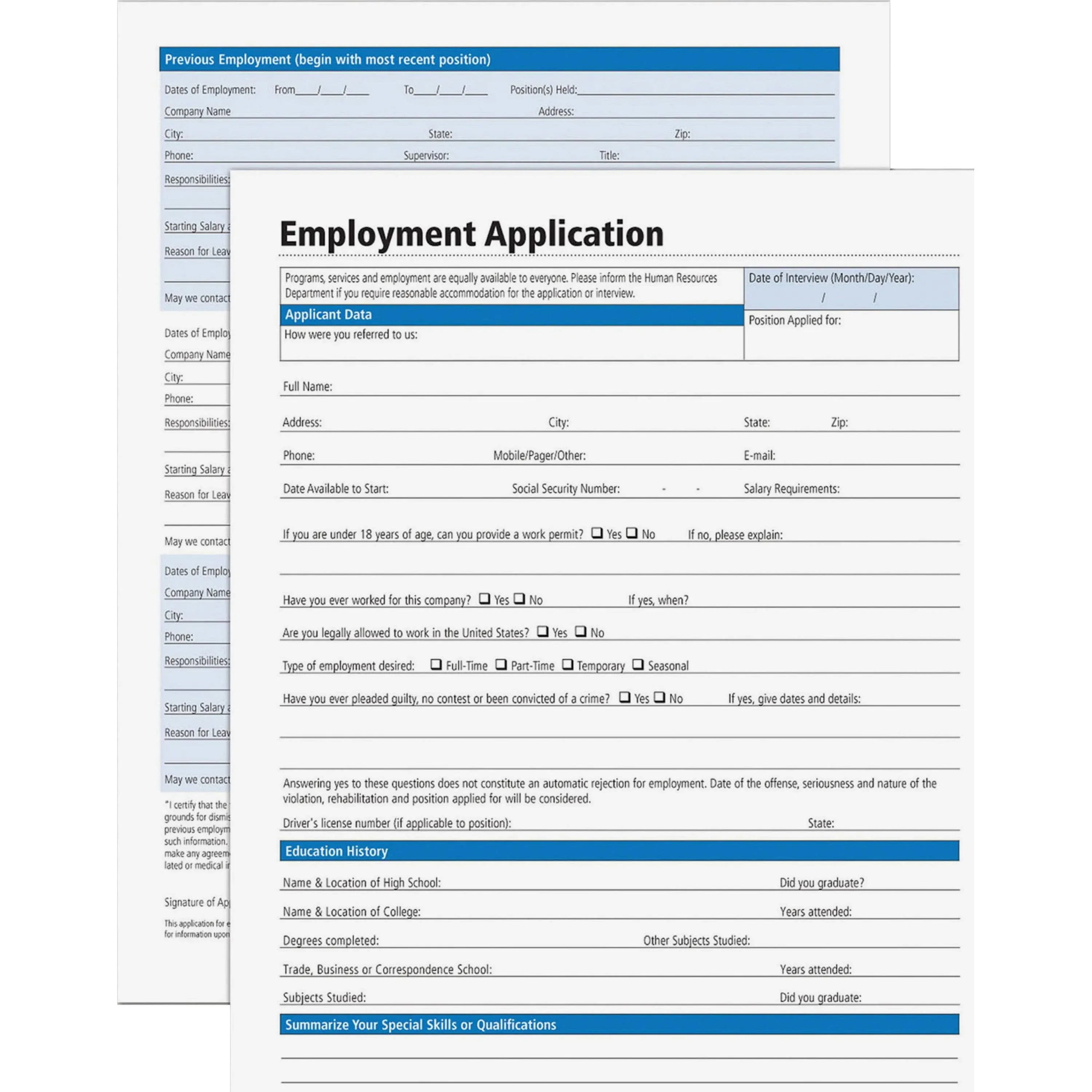 Adams Application for employment Forms