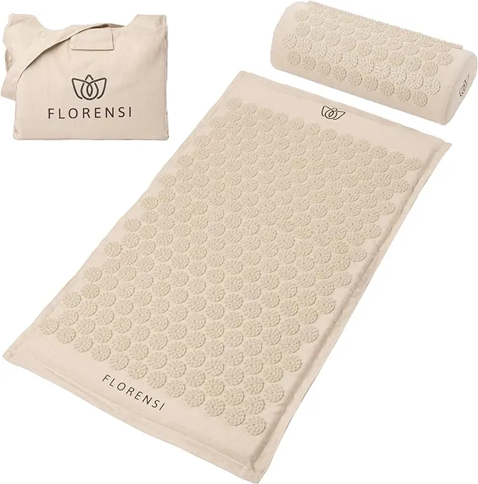 Florensi Acupressure Mat and Pillow Set, 3 Piece Acupuncture Mat Set for Neck and Back Pain Relief, Sciatic & Muscle Tension Relief- 100% Linen Cotton with Over 8000 Durable BPA-Free Spikes