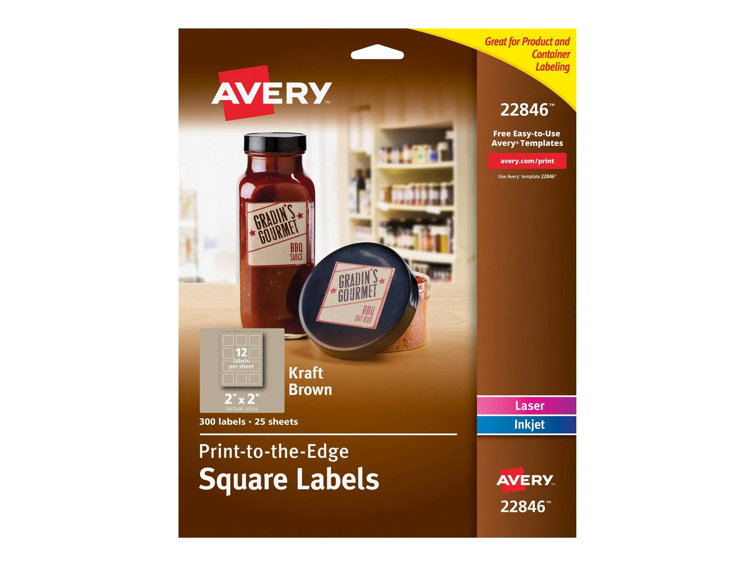 Square Print-to-the-edge Labels, Inkjet/laser Printers, 2 X 2, Kraft Brown, 12/sheet, 25 Sheets/pack