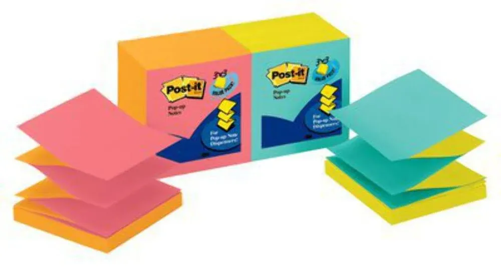 Post-it Dispenser Notes Original Pop-Up Refill in Alternating Beachside Cafe Colors, Value Pack, 3 x 3, 100 Notes/Pad, 12 Pads/Pack