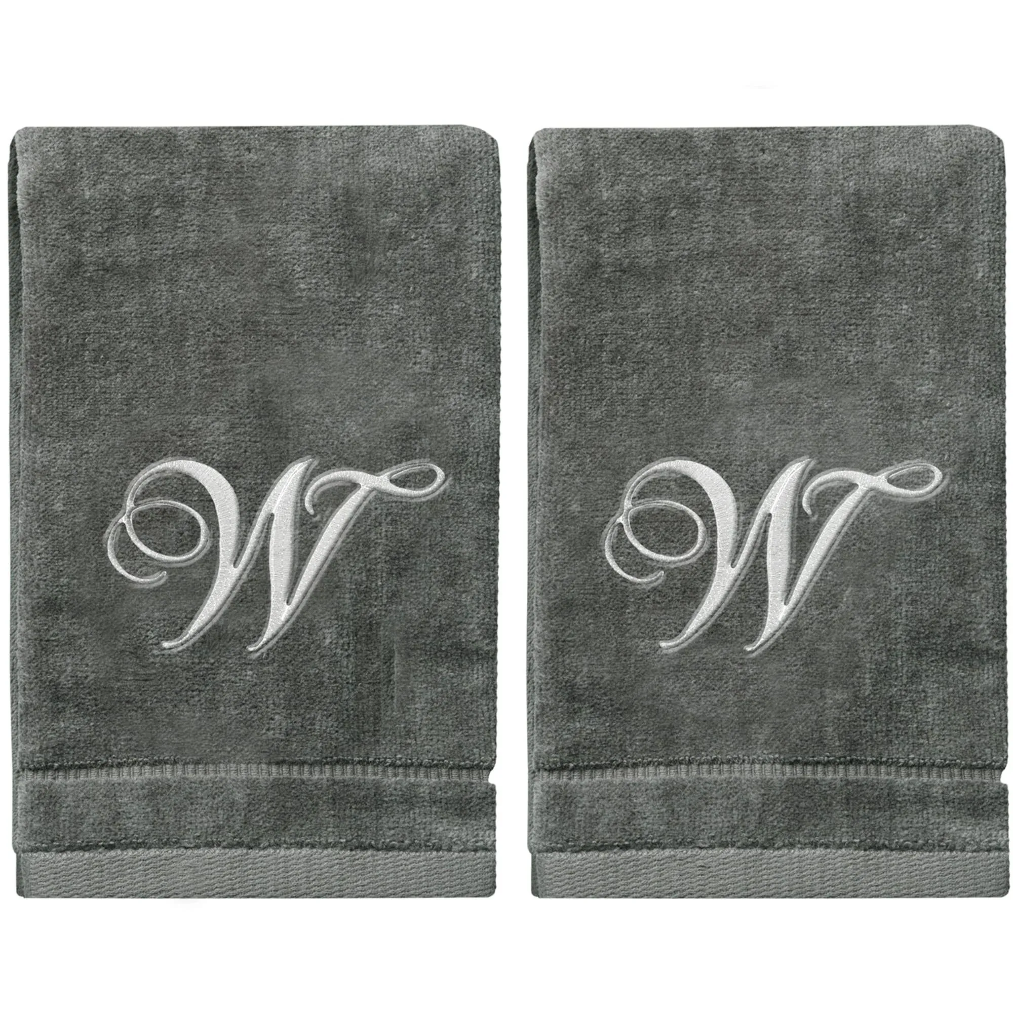 Monogrammed Towels Fingertip, Personalized Gift, 11 x 18 Inches - Set of 2- Silver Embroidered Towel - Extra Absorbent 100% Cotton- Soft Velour Finish - For Bathroom/ Kitchen/ Spa- Initial W (Gray)