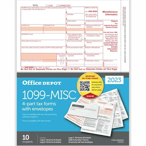 Office Depot 1099-MISC Laser Tax Forms And Envelopes, 4-Part, 8-1/2&#034; x 11&#034;, 10PK