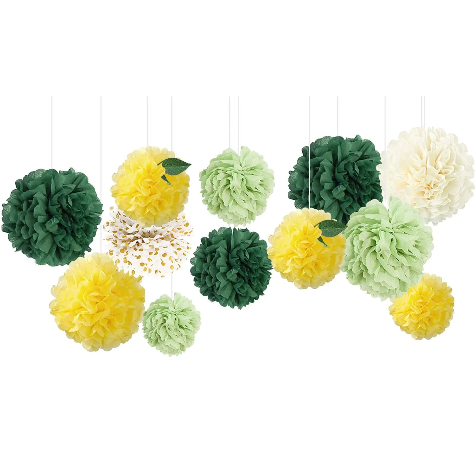 AOBKIAT Tissue Pom Poms Kit Lemon Party Decorations, 12 PCS Yellow Green White Tissue Paper Flowers with Leaves Like Lemon for Rustic Wedding Party, Birthday, Bridal Showers, Baby Shower