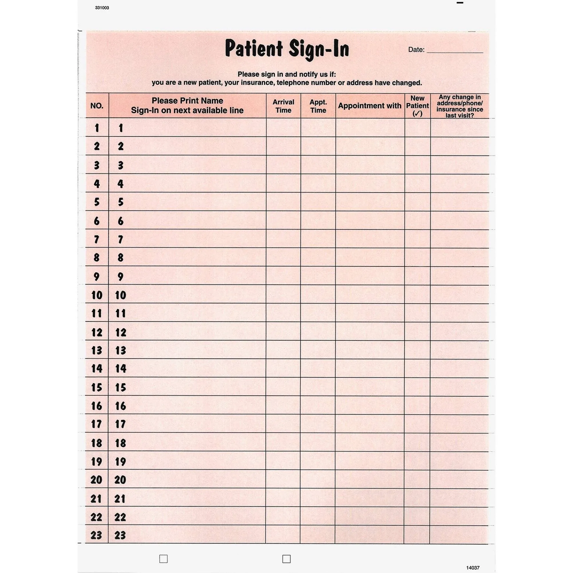 Tabbies Patient Sign-In Label Forms, Two-Part Carbon, 8.5 x 11.63, Salmon, 1/Page, 125 Forms