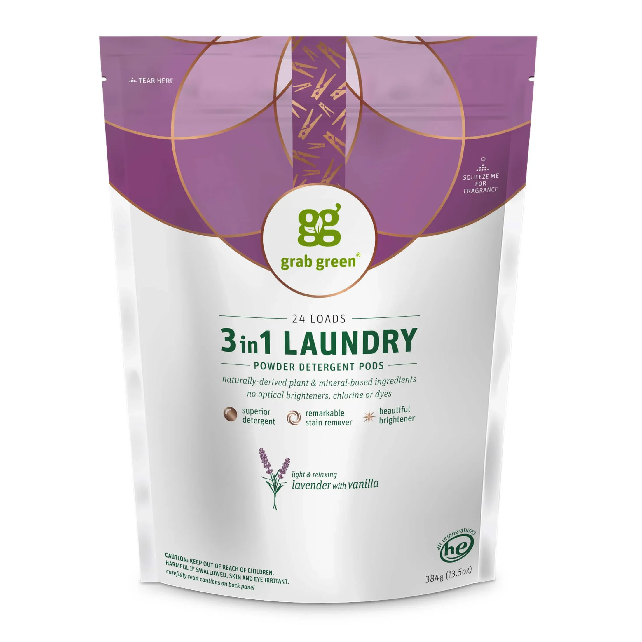 Grab Green 3-in-1 Laundry Detergent Pods, 24 Count, Lavender Vanilla Scent, Plant and Mineral Based, Superior Cleaning Power, Stain Remover, Brightens Clothes