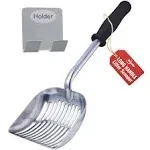 iPrimio Cat Litter Scoop Metal w/ Deep Shovel Black Non Stick Plated Aluminum Cat Litter Scooper with Holder