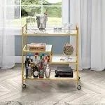 Henn&Hart 33" Wide Rectangular Bar Cart with Glass Shelves in Brass, Bar Carts for the Home