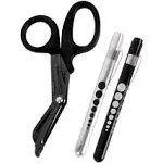 MediTac Titanium-Bonded EMT Trauma Shears 7 Black Medical Bandage Scissors with LED Pen Light Two Pack (Black & Silver)