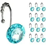 Sunlit Luxury Design Round Teal Blue Diamond Crystal Gem Bling with Glide Balls Shower Curtain Hooks for Mermaid Shower Curtains, Rust Proof Metal