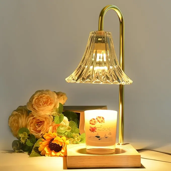 Candle Warmer Lamp - Glass Fragrance Candle Lamp Home Decor Electric Candle Warmer Light with Timer Dimmer Vintage Metal Wooden Base for Jar Candles，Ideal Gift for Candle Lovers/Friends/Family