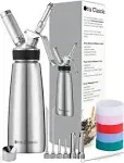 Otis Classic 304 Stainless Steel Whipped Cream Dispenser, 500ml w/ 3 Decorating Nozzles 4 Injector Tips and 6 Colored Grips - Commercial Grade Quality Made of Food Grade Stainless Steel for Home Chef