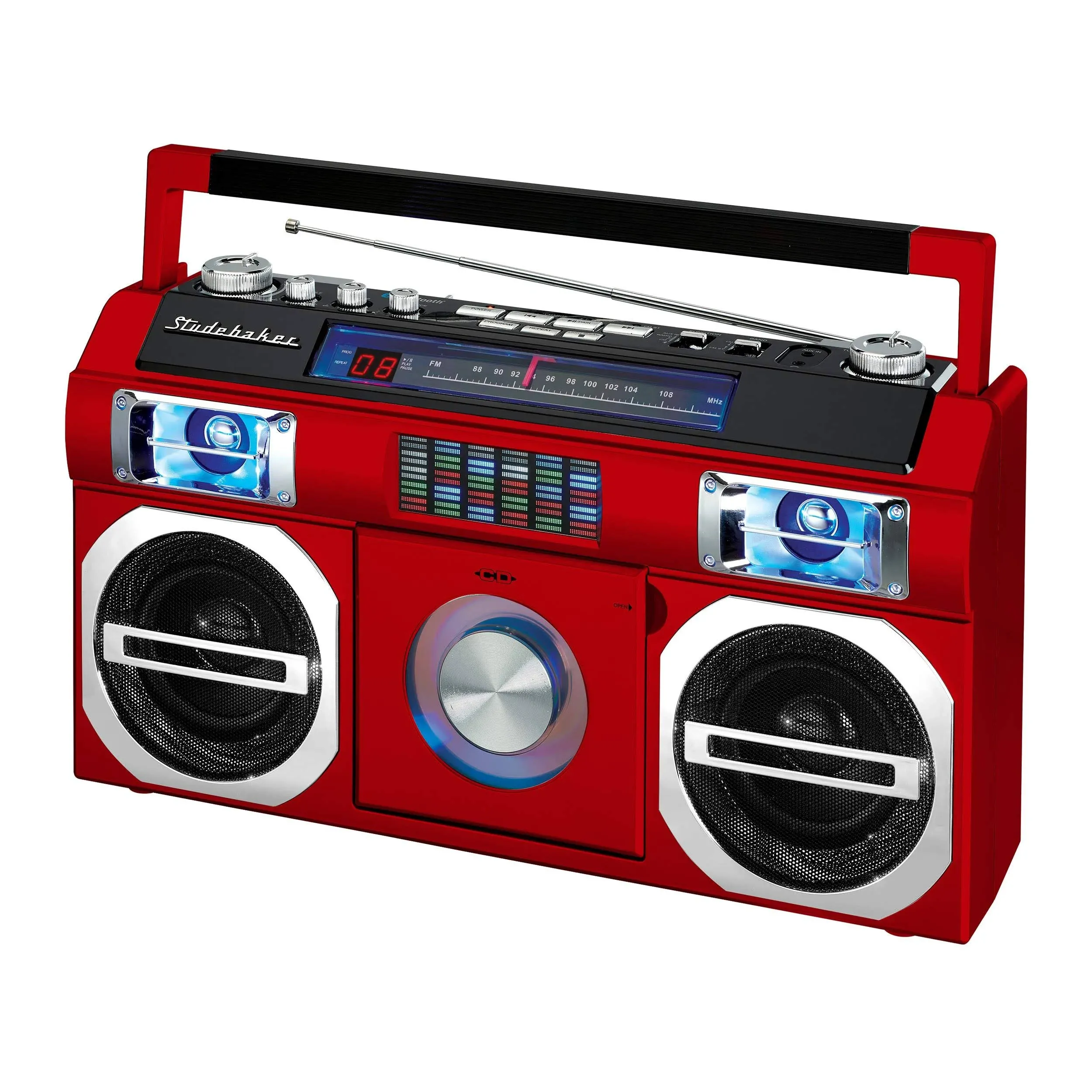 Studebaker SB2145R 80's Retro Street Bluetooth Boombox with FM Radio, CD Player - Red