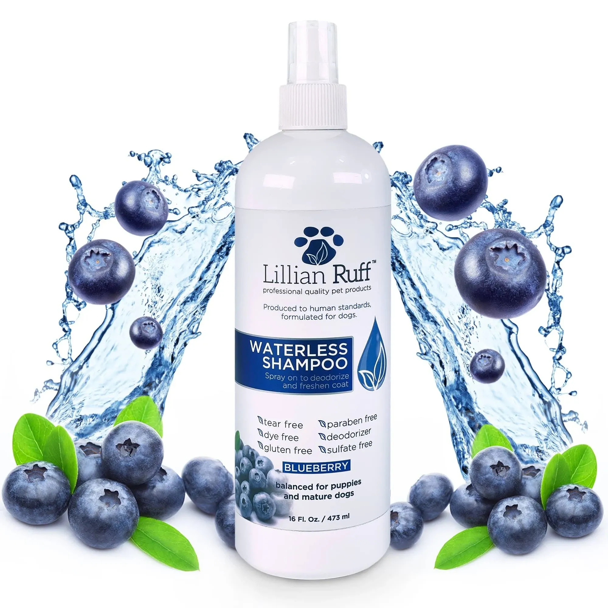 Lillian Ruff Waterless No-Rinse Dog Dry Shampoo Spray with Hydrating Essential Oils - pH-Balanced Dry Shampoo for Dogs - Clean, Condition, Detangle & Deodorize Dry, Sensitive Skin (Blueberry)