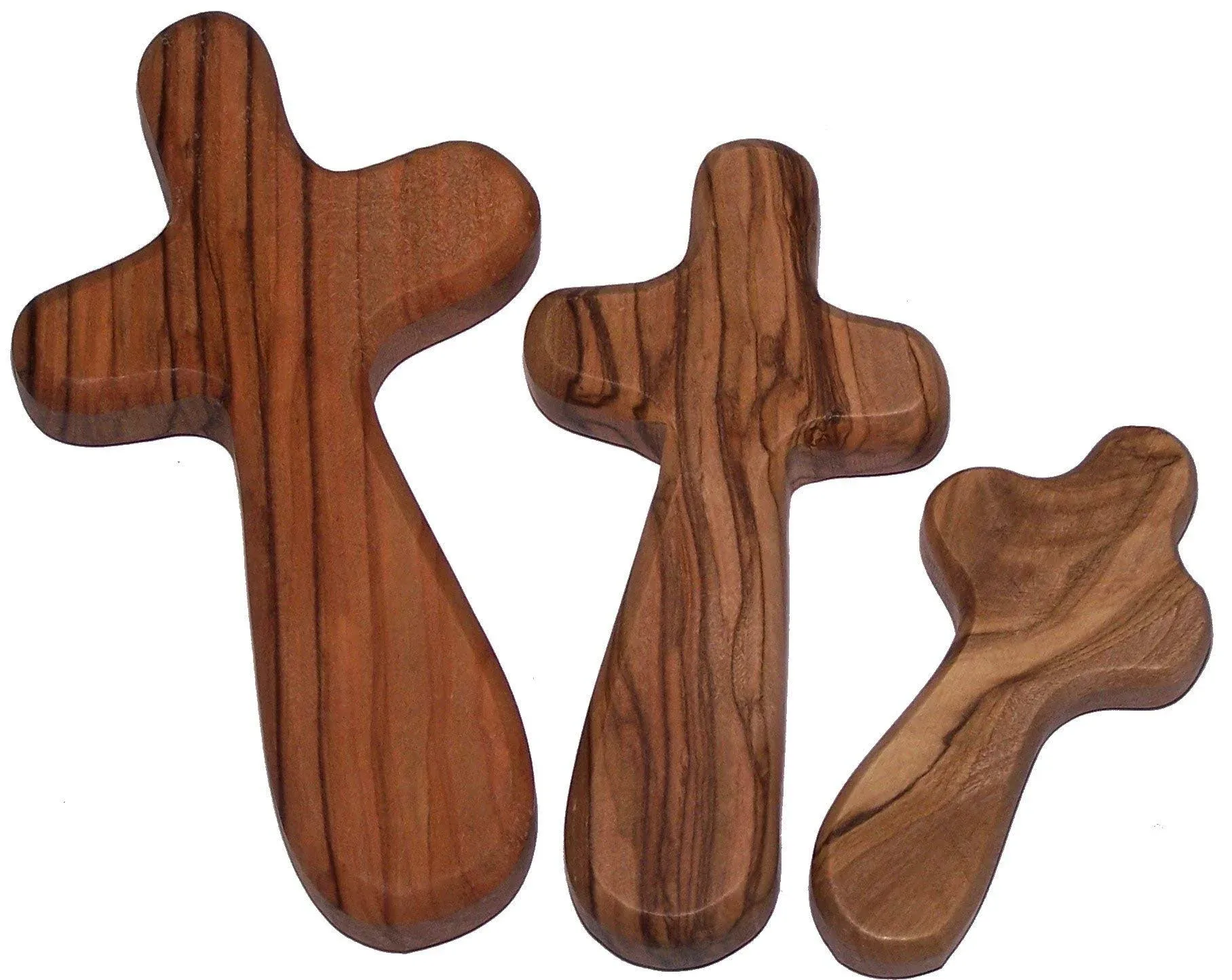 Three Olive Wood Comfort Handheld Crosses Velvet Bags &amp; Cards Set of three sizes