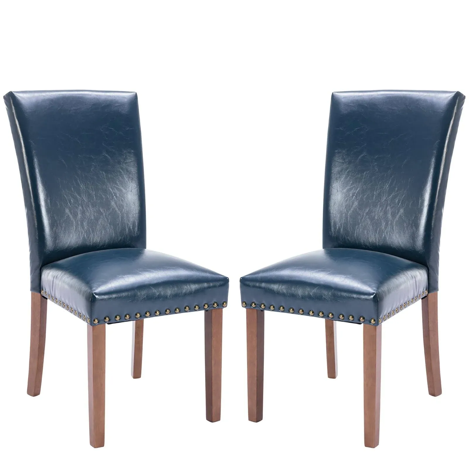 Parsons Dining Chairs Set of 2, Upholstered Nailhead PU Leather Dining Room Kitchen Side Chair with Thick Cushions and Wood Legs, Blue