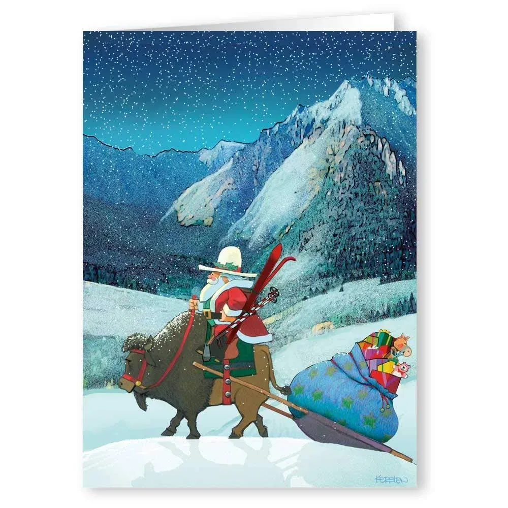 Stonehouse Collection - Buffalo Christmas Haul - Christmas Card- 18 Boxed Cards and Envelopes - Cowboy Santa - USA Made