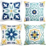 Pyonic Outdoor Waterproof Throw Pillow Covers Set of 4 Floral Printed and Boho Farmhouse Outdoor Pillow Covers for Patio Funiture Garden 18x18 inch