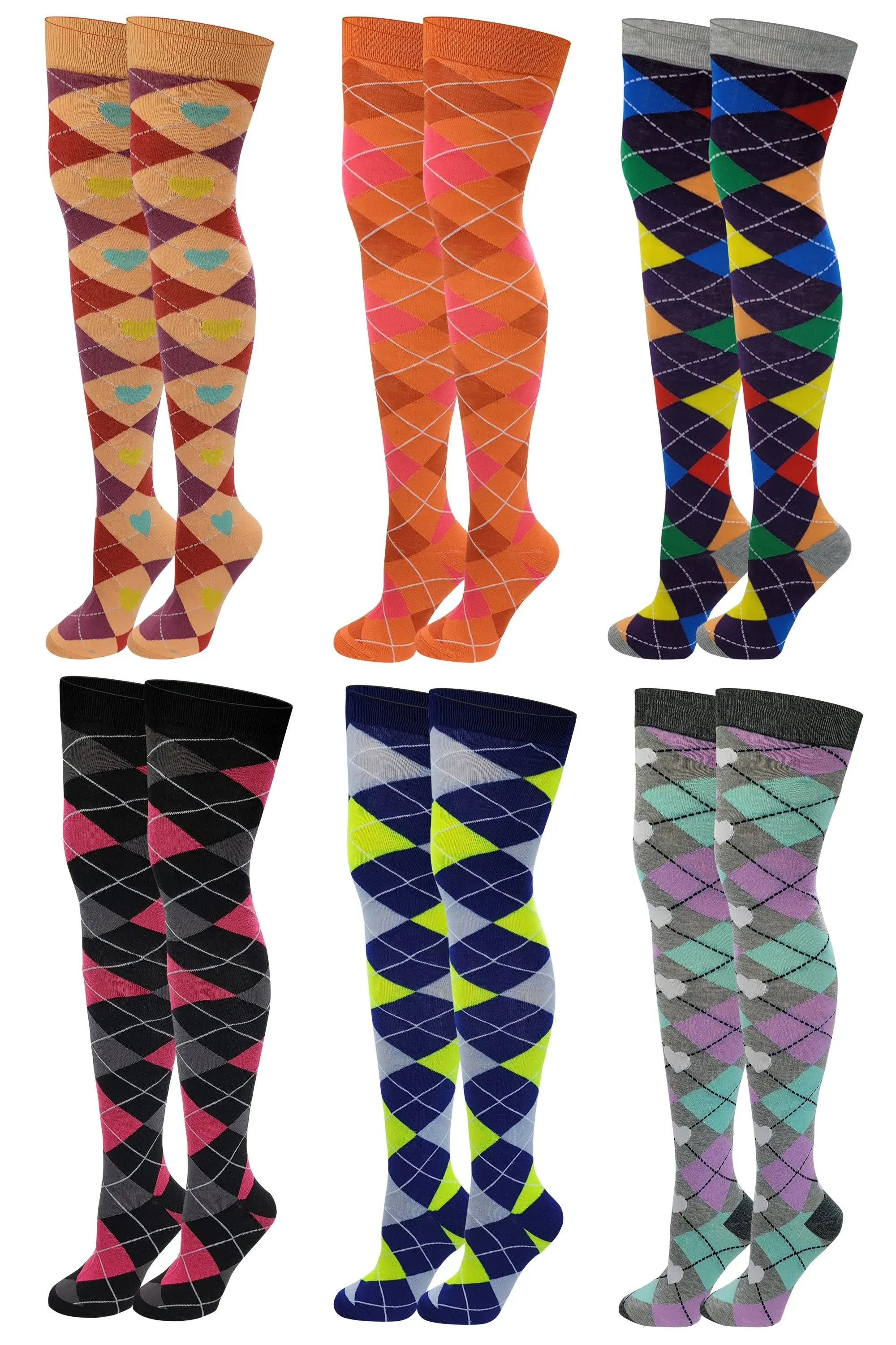 6 Pairs Pack Women Multi Argyle Design Thigh High Over the Knee Socks