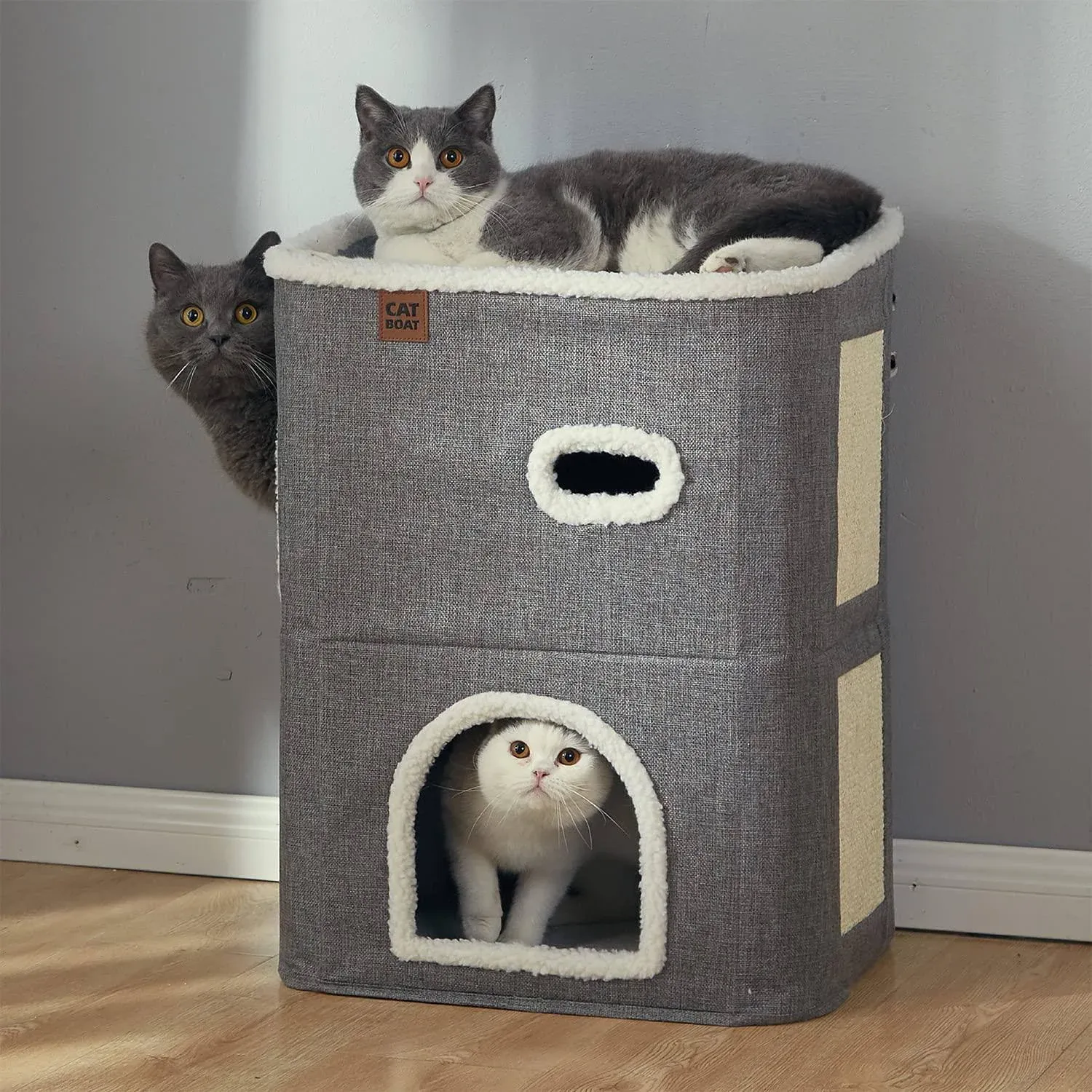 Catboat 2-Storey Cat House for Indoor Cats Bed, Covered Cat Beds & Furniture with ...