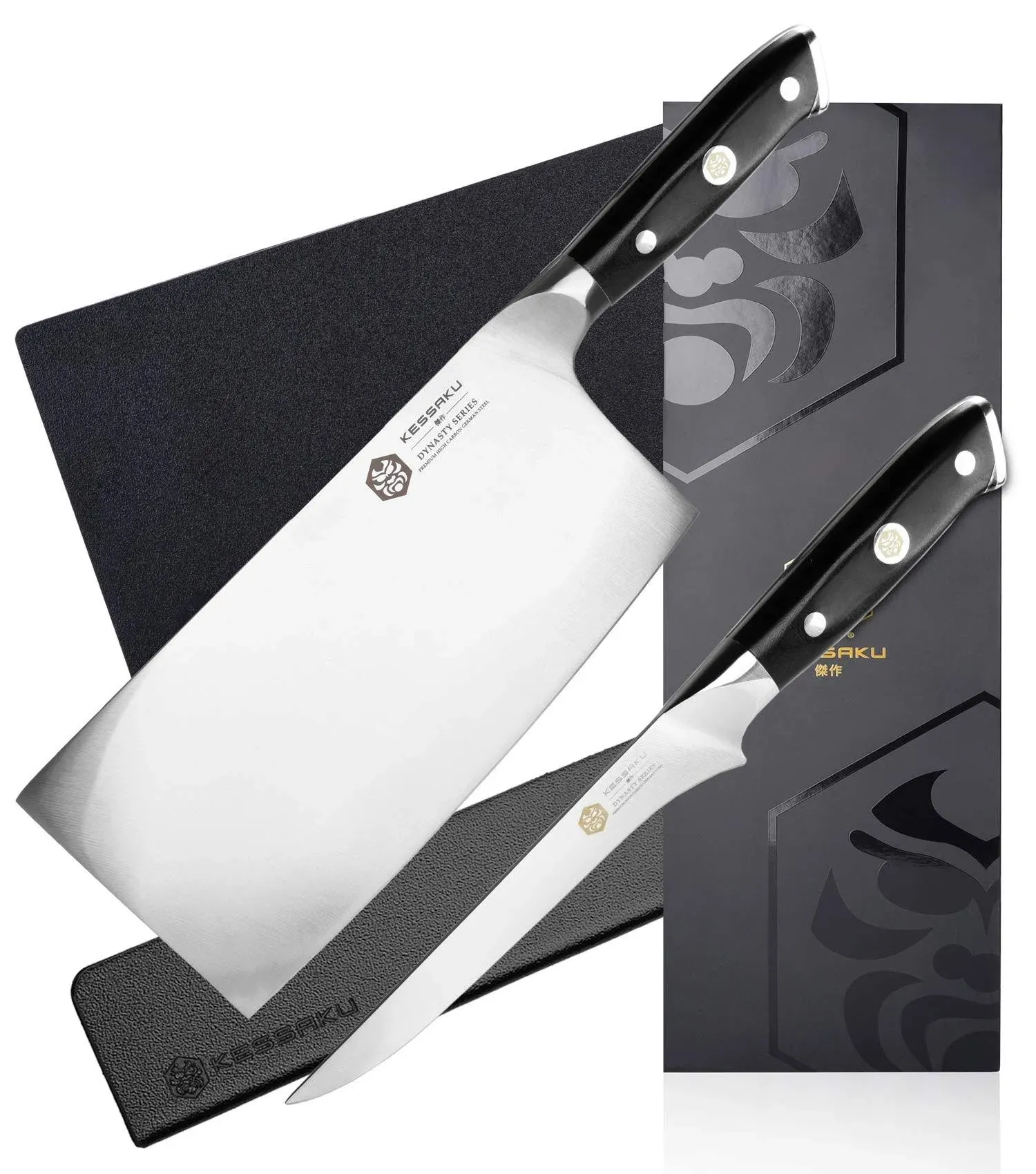 KESSAKU 7-Inch Cleaver Butcher Knife & 6-Inch Boning Knife Set - Dynasty Series - German HC Steel - G10 Full Tang Handle